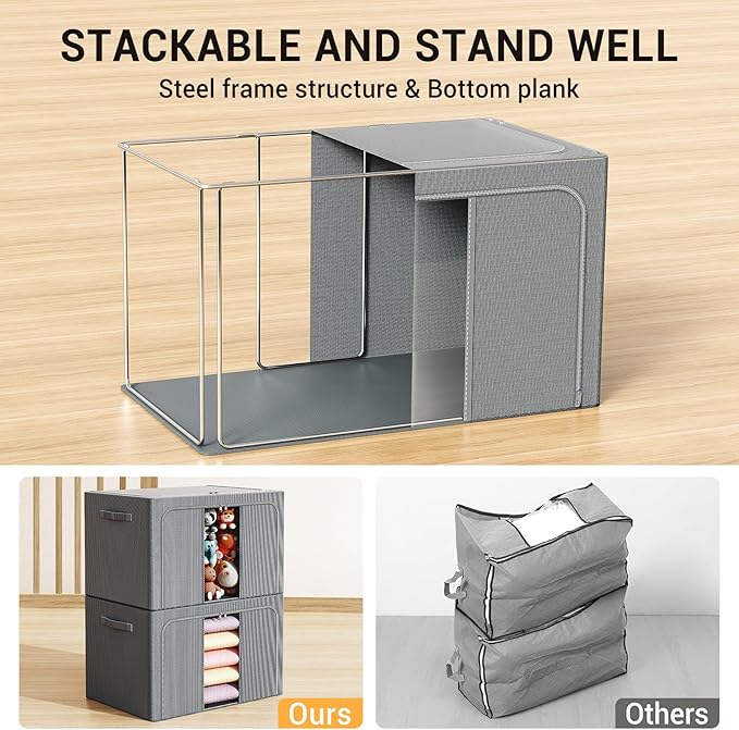 Clothes Storage Bins with Metal Frame, 100L, 3 Pack, Deep Grey