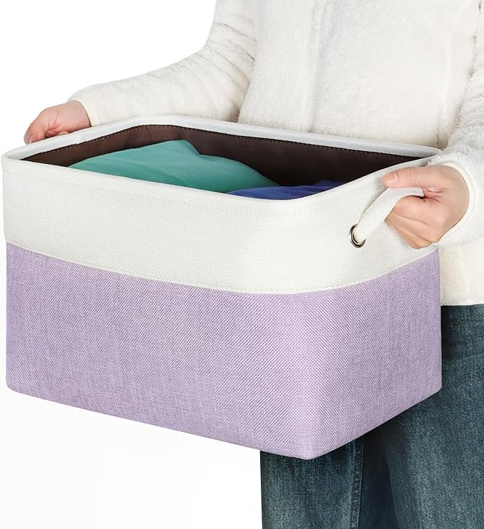 Kntiwiwo Foldable Storage Bin Collapsible Fabric Storage Basket Cube with Durable Handles Closet Organizer Bins for Organizing Shelves Drawers, Set of 3, 15" x 10" x 9.5", Purple