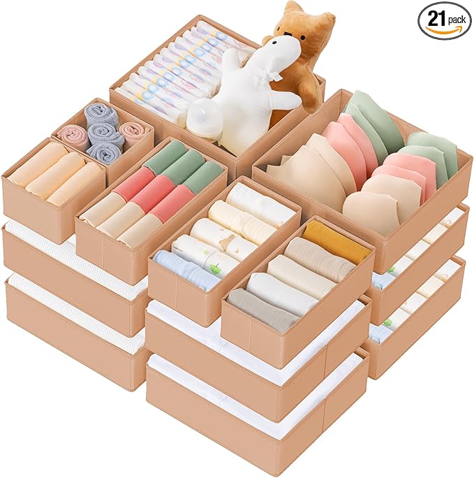 Drawer Organizer Clothes, 21 Pack Dresser Organizer for Baby Clothes, Brown