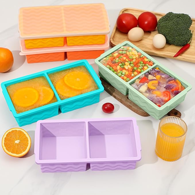 2-Pack Silicone Freezer Trays with Lid, 2 Large 2-Cup(500ml) & 6 Small 1/2-Cup(125ml) Soup Freezer Container Molds