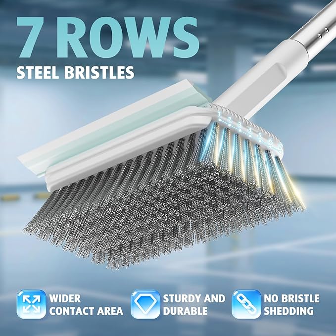 Floor Scrubber, Stainless Steel Wire Scrub Brush with Long Handle, Sturdy, Durable, and Corrosion-Resistant, Outdoor Surface Cleaning for Concrete Patios, Deck, Garden, Garage