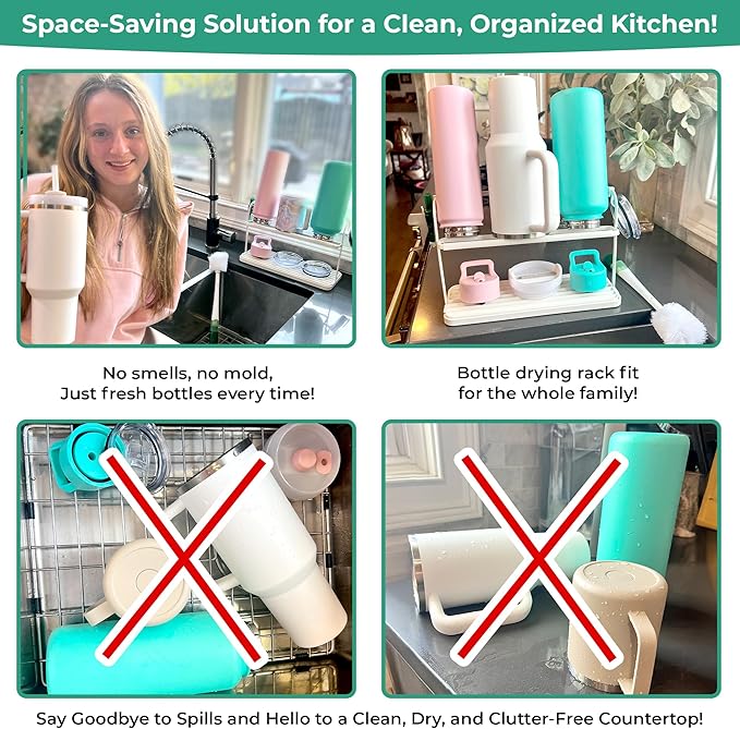 Bottle Drying Rack for Kitchen Countertop, Space Saving Storage Stand with Drainage Tray, Two-Tier Design for Tumblers, Baby Bottles