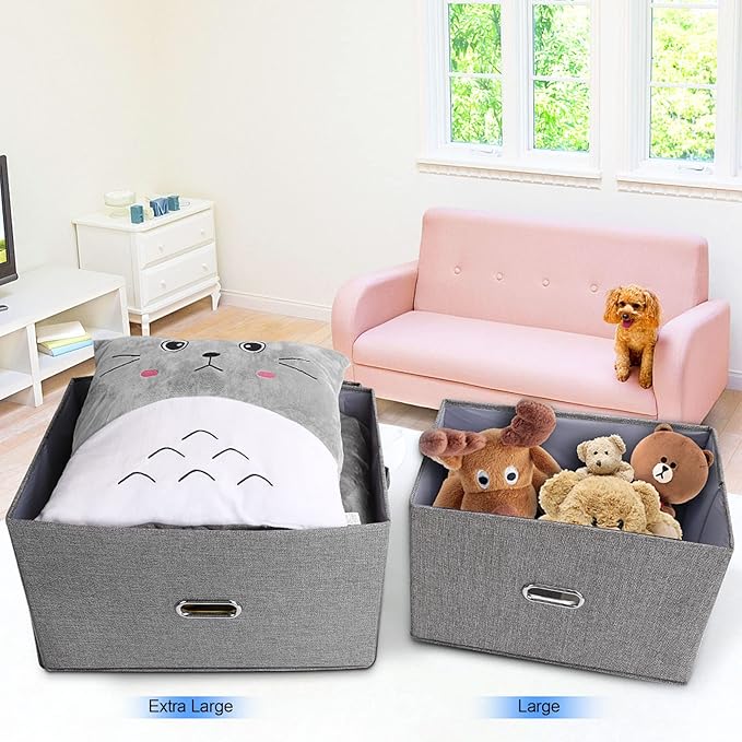 Large Linen Fabric Foldable Storage Bins with Removable Lid and Handles, Washable Storage Box Organizer Containers Baskets Cube with Cover for Bedroom