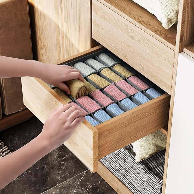 Joyoldelf Sock Drawer Organizer Underwear Organizer, 24 Cell Collapsible Closet Organizer Underwear Storage Boxes for Socks, Ties, Belts (Gray)