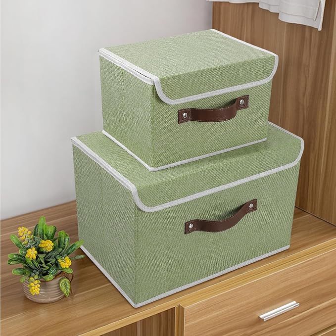 ANMINY Storage Bin with Lid Storage Boxes with PU Leather Handles PP Plastic Board Decorative Foldable Lidded Cotton Linen Fabric Home Cubes Baskets