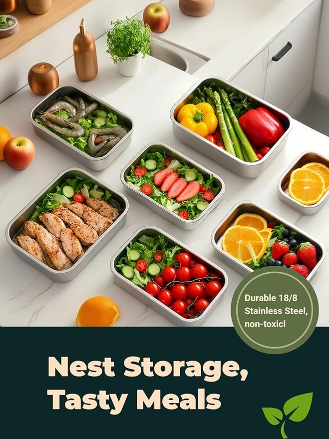 Stainless Steel Food Storage Containers with Leak-Proof Latching Lid, Reusable Bento Lunch Box for Snacks & Meal Prep, Oven/Dishwasher/Freezer Safe, Silver, 44oz