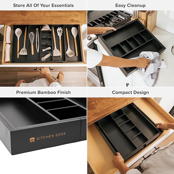 KitchenEdge Adjustable Kitchen Drawer Organizer for Utensils and Junk, Food-Safe Contract Grade with 100% Sustainable Wood