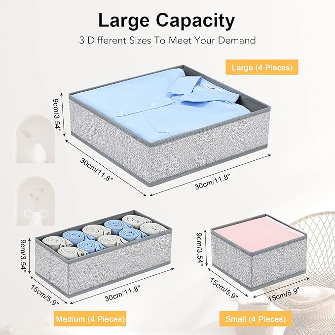 DIMJ Drawer Organizers - 12 Pack Foldable Closet & Sock Organizers, Fabric Dresser Drawer Dividers for Clothes, Underwear, Bras, Socks
