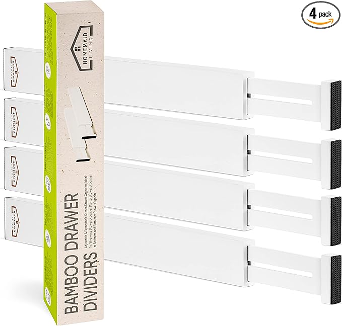 Homemaid Living Bamboo Drawer Dividers, Adjustable & Expandable, 4 Pack, White