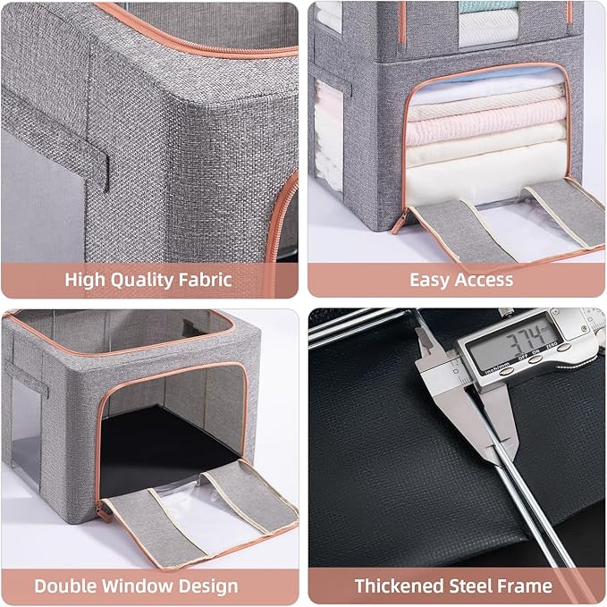 GuliPostan 3 Pack 66L Stackable Clothes Storage Bins with Metal Frame Handles & Zipper, Collapsible Closet Organizer Box with Lid for Bedding Blankets Towel (Grey)