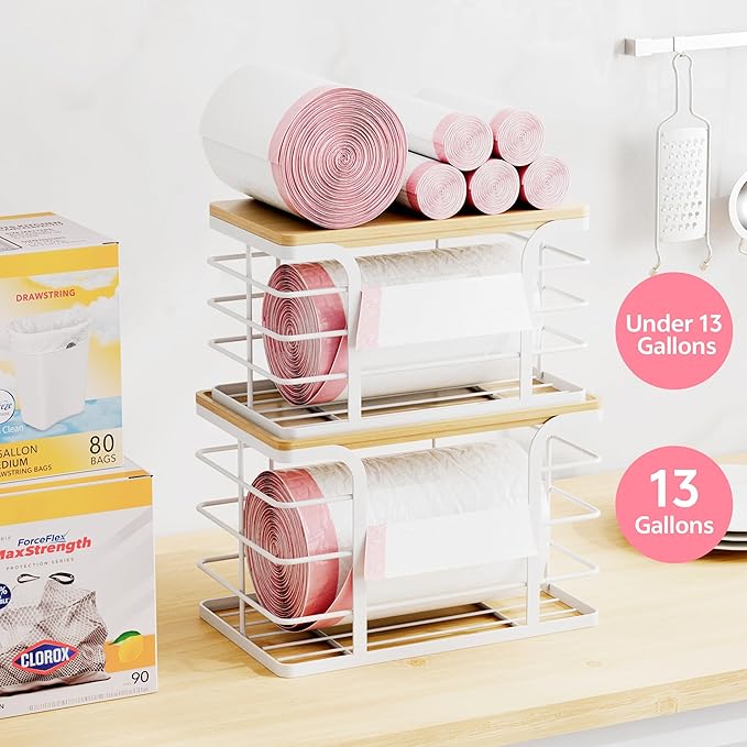 2 Pack Stackable Storage Kitchen Laundry Pantry Organizers,Trash Bag Holder Wall Mount,Garbage Bag Dispenser with Bamboo Top,White Large and Small