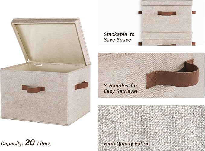 StorageWorks Fabric Storage Bins with Lid, Decorative Storage Boxes for Shelves, Stackable Closet Organizer Basket with Handles, Large