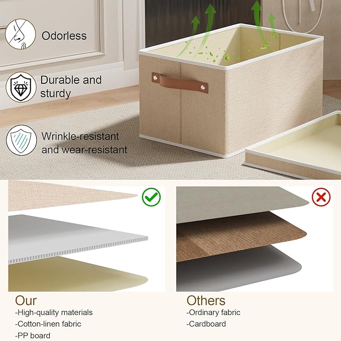 Storage Boxes with Lids, 10.2×7.8×6.7 Inch Storage Baskets, Closet Organizers for Shelves Organizing with Handles, Beige, 5-Pack