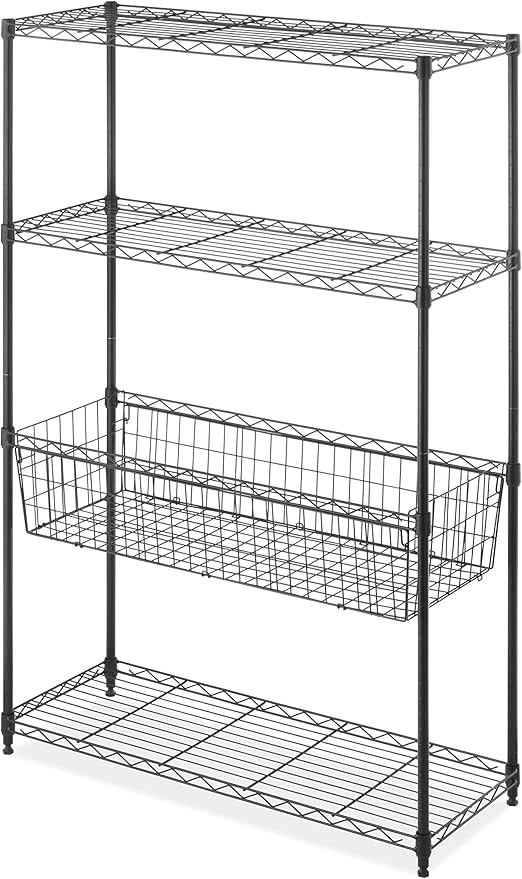 4-Wire Shelving Unit, Metal Storage Shelves with Basket