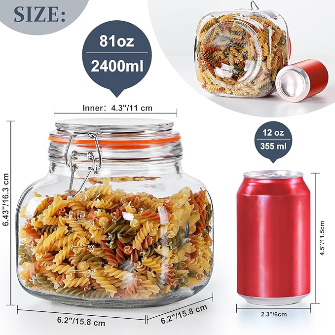 Large Glass Jars with Airtight Lid, 2 Pack Glass Food Storage Jars with 2 Scale Marks, Square Glass Canisters for Flour, Cereal, Coffee, Pasta