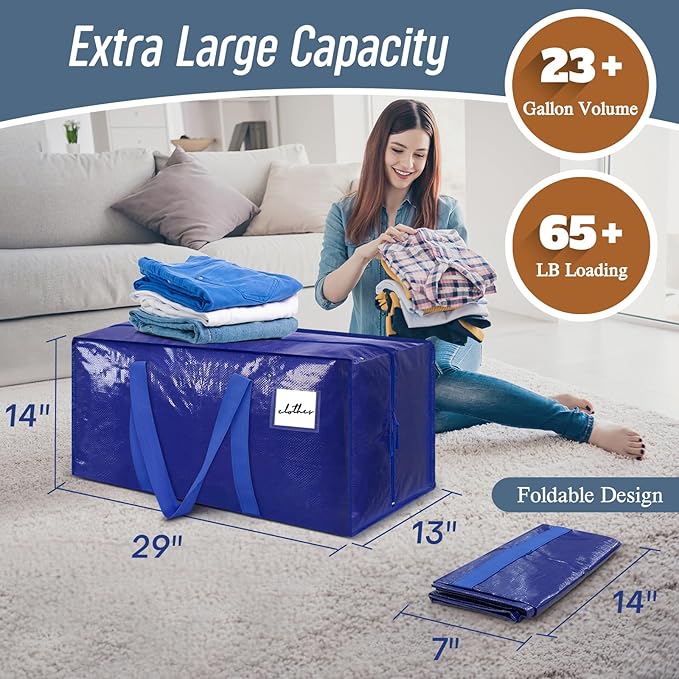 6 Pack Extra Heavy Duty Large Moving Bags with Strong Zipper & Comfortable, Blue