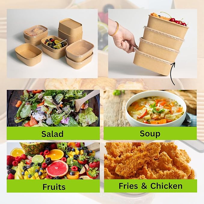25oz Disposable Bowls with Lids, 50 Sets Large Kraft Square Paper Salad Bowls, Disposable Meal Prep Food Containers w/Lid
