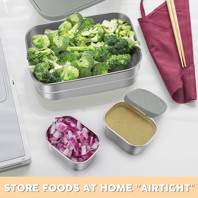 Tanjiae 3 CUP+1 CUP Stainless Steel Lunch Snack Containers Set | Leak Proof 304 Stainless Steel Food Containers with Silicone Lids - Perfect Metal Lunch Box for School and Daycare (25oz+8oz*2)
