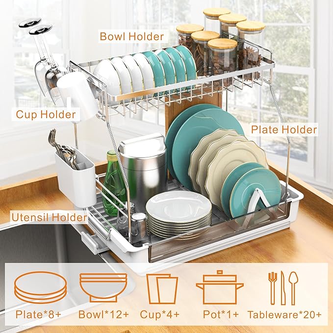 Rustproof Dish Drying Rack, 2 Tier Large Dish Rack,17.13"(L) x 13.2"(W) x 15.35"(H), Detachable Dish Drainer Organizer with Utensil Holder, Drainboard,White