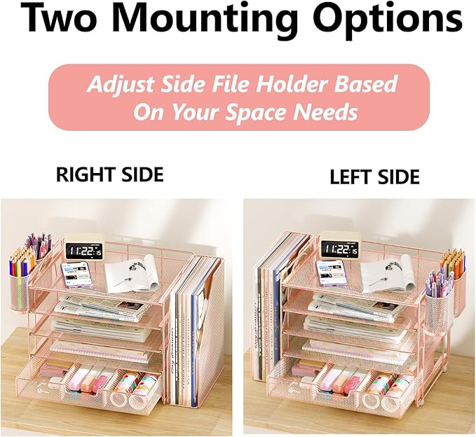 Desk Organizer, 5-Tier Paper File Organizer with Drawer & Pen Holder, Rose Gold