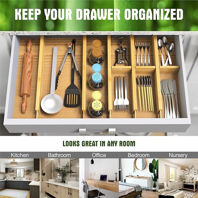 ANTOWIN Bamboo Drawer Dividers Organizers, Drawer Separators Splitter,17-22 inches Long Adjustable Spring-loaded Organizer for Large Utensil, Clothes, Tools Drawers(yellow)