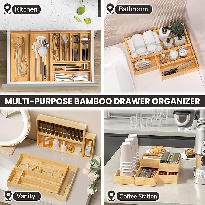 Kitchen Drawer Organizer Bins, Stackable Bamboo Drawer Organizer for Silverware, Flatware, Deep Office Desk Drawer Organizer Tray, Desktop Pen