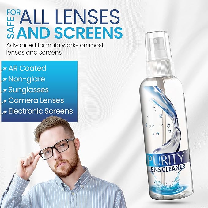 Purity Eyeglass Lens Cleaner Kit - 3 x 2oz Travel Size Lens Cleaner Spray Bottle + 2 Microfiber Cleaning Cloths - Safe for All Lenses (AR Coated Included), Eyeglasses and Screens - Clear