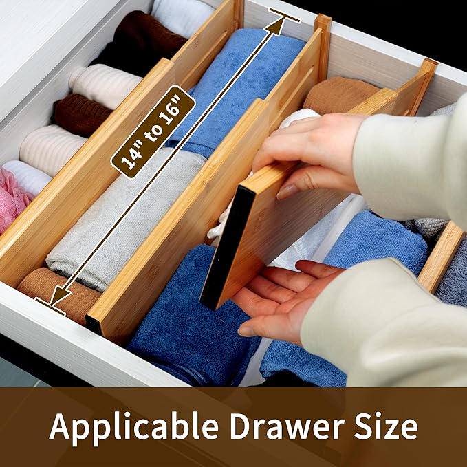 Utoplike Bamboo Dresser Drawer Dividers, 4'' High Adjustable Drawer Organizers for Clothing, Spring Loaded, Works in Kitchen, Bathroom, Bedroom, Drawer, Desk, 4 pcs