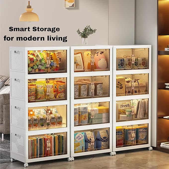 4 Tier Stackable Storage Bins with Wheels, Foldable Storage Organizer with Doors & Lid, Clear Front Plastic Storage Boxes for Clothes, Toys, Books, Closet & Home Organization