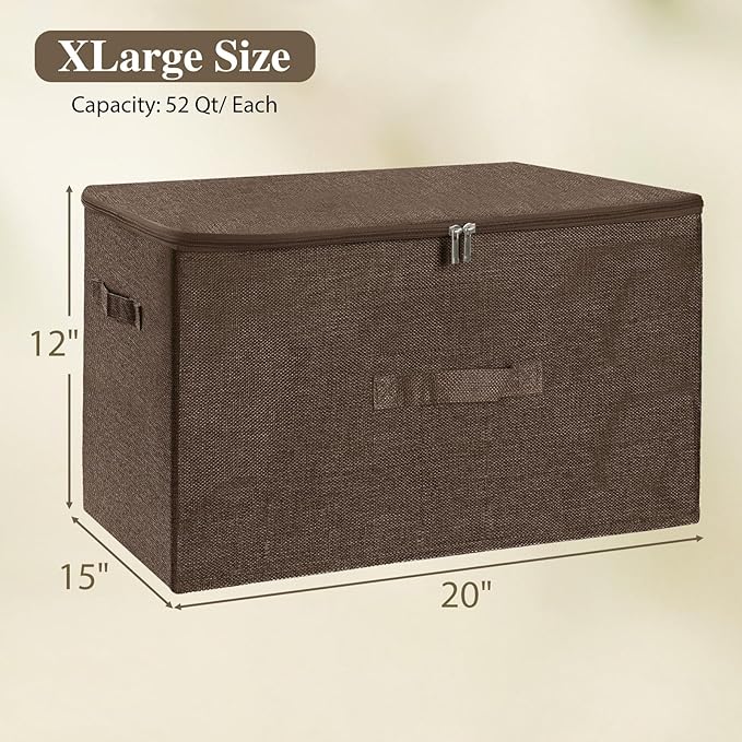 ANMINY Storage Bins with Zipper Lids 51.9 Qt Lidded Fabric Storage Boxes Baskets Cubes with Handles Collapsible Washable Cotton Linen Closet Shelf