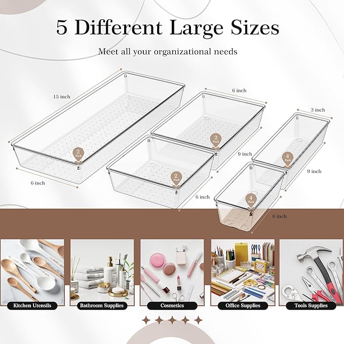 14 PCS Clear Plastic Drawer Organizer Set
