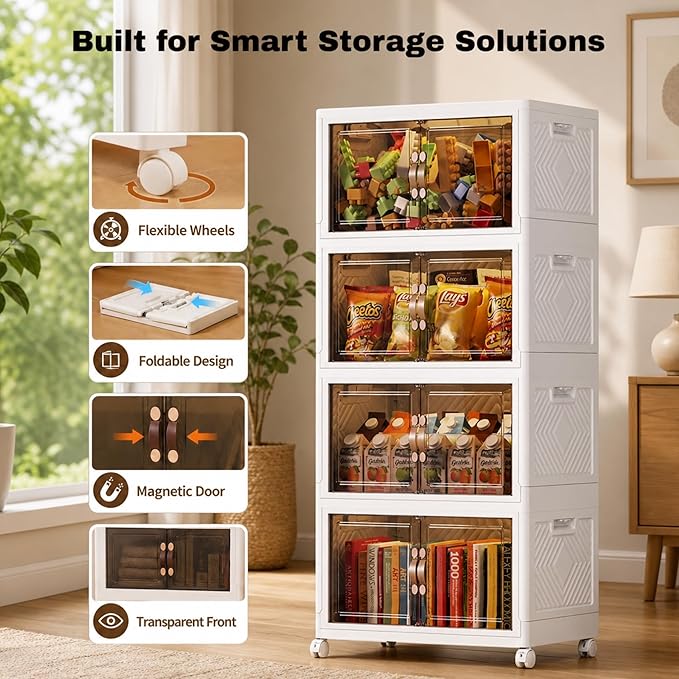 4 Tier Stackable Storage Bins with Wheels, Foldable Storage Organizer with Doors & Lid, Clear Front Plastic Storage Boxes for Clothes, Toys, Books, Closet & Home Organization