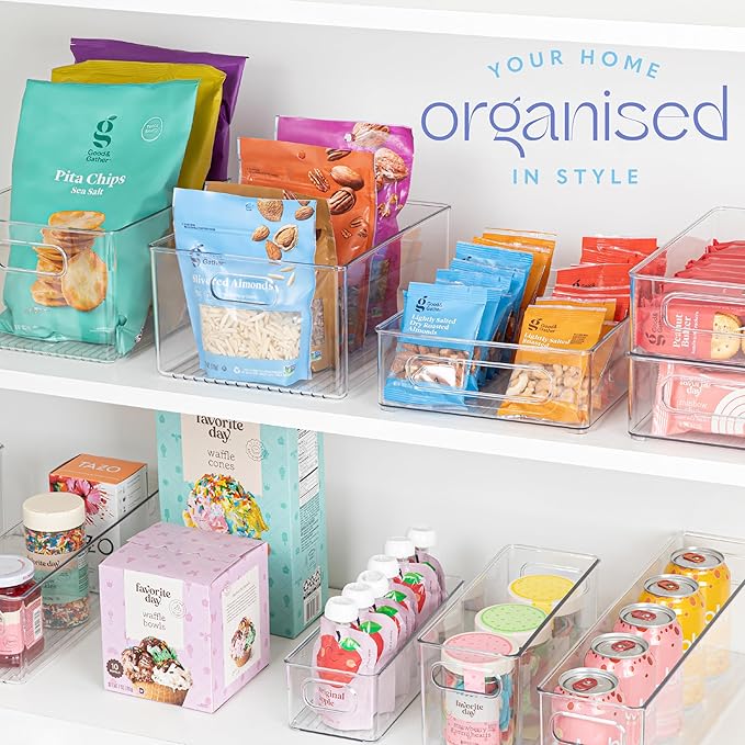 Plastic Food Storage 6 Pack Clear Container Bin with Handles for Organizing Kitchen, Pantry, Refrigerator, Freezer, Pantry, Cabinet, Closet