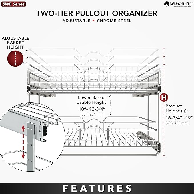 Rev-A-Shelf 2-Tier Kitchen Cabinet Pullout Shelf and Drawer Organizer Slide Out Pantry Storage Basket in Multiple Sizes, 24 x 22 In, 5WB2-2422-CR-1