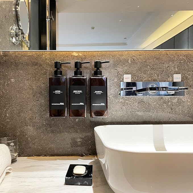 Shampoo Dispenser for Shower Wall, Shampoo and Conditioner Dispenser with 16 Waterproof Labels, No Drill Shower Soap Dispenser Bathroom, Shower Soap Dispenser Wall Mounted 3 chamber, 17oz, Black Amber