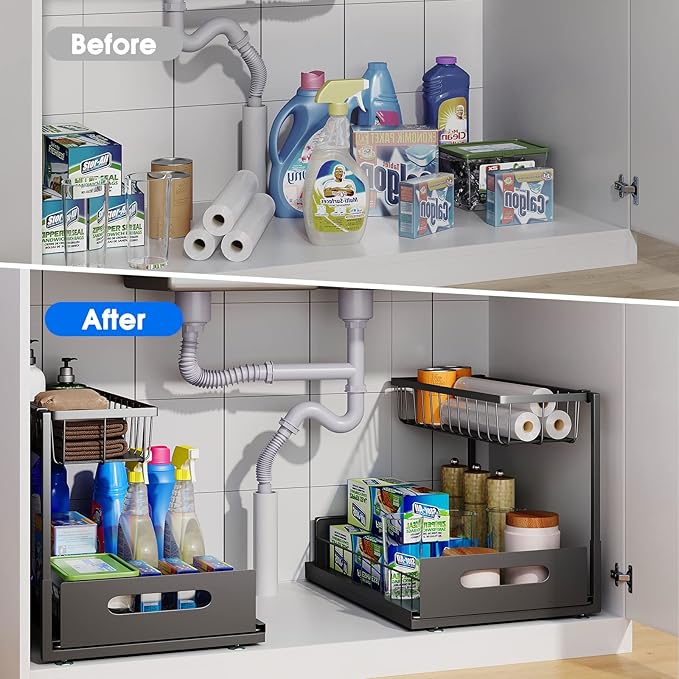 Under Sink Organizer, 2 Tier Pull-Out Cabinet Storage Shelf, 1 Pack Black