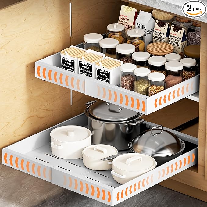 2 Pack Pull out Cabinet Organizer Expandable Width(12"-20") and 21"Depth, No Drill Adjustable Slide Out Drawers for Kitchen