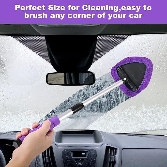 XINDELL Windshield Cleaner Tool – 24 inch Pink Car Interior&Exterior Window Cleaning Kit with Extendable Handle & 4 Microfiber Pads