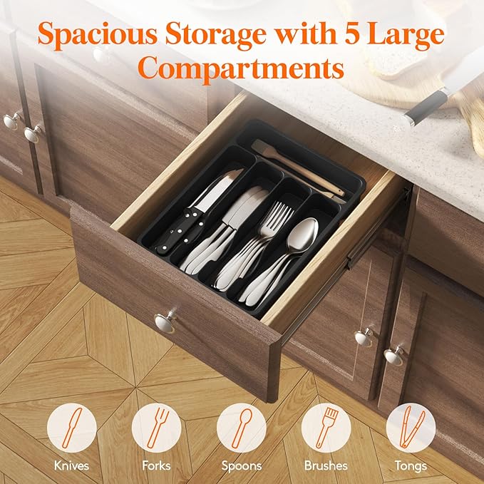 Lifewit Silverware Drawer Organizer Tray, Plastic Cutlery Storage for Kitchen, Flatware and Utensil Holder Divider for Spoons Forks Knives Tableware