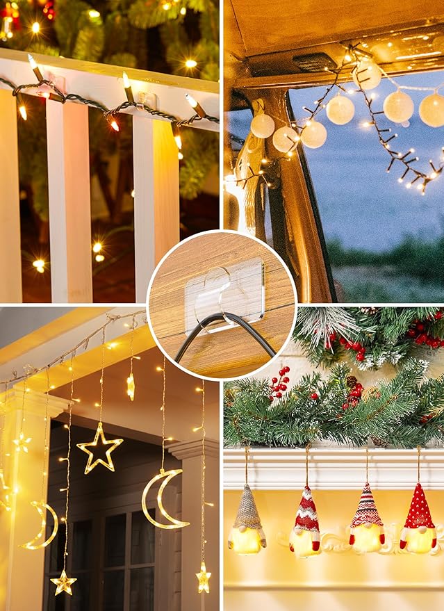 Brightown Hooks for Outdoor String Lights, 15 Cable Clips and 20 Adhesive Strips, Cord Organizer for Indoor Outdoor String Lights Christmas Decor, Cable Management for Wall Desk Ceiling, Clear