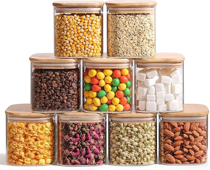 ComSaf 0.7 Qt Glass Food Storage Jars Set of 9, Clear Glass Storage Containers with Lids, Pantry Organization Jar, Spice, Blooming Tea, Oat