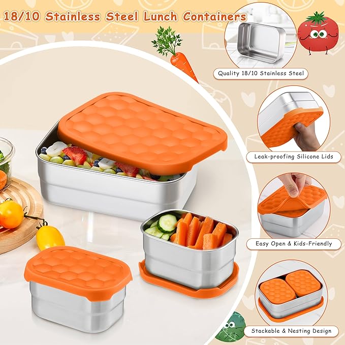 Homikit 3 Pack Kids Lunch Box Set, 18/10 Stainless Steel Bento Boxes with Silicone Lids Leak Proof