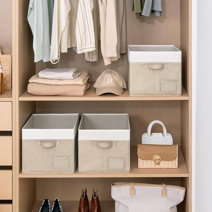 GRANNY SAYS Closet Storage Baskets for Shelves, Large Fabric Storage Bins, Collapsible Clothing Storage and Organization, Decorative Storage Bins, Khaki&Ivory, Large, 3-Pack