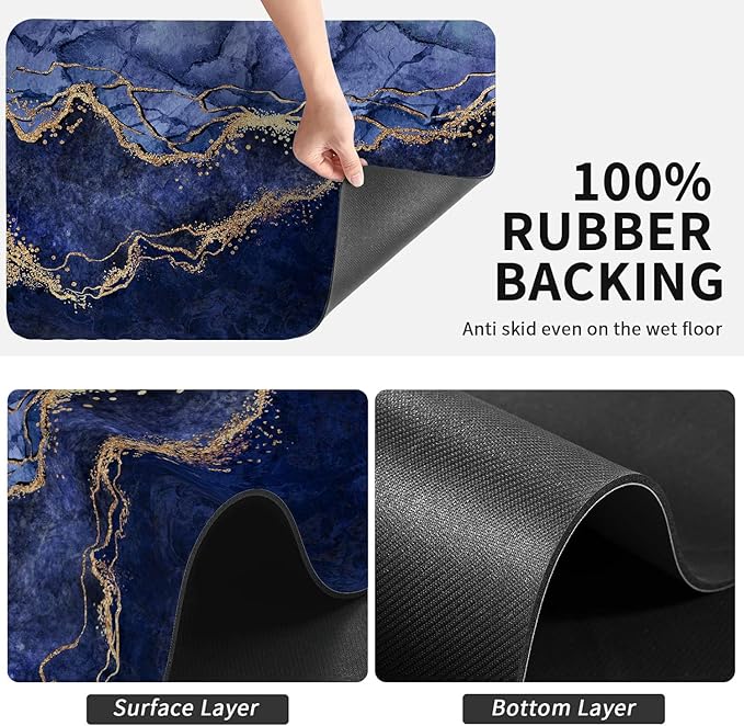 Dish Drying Mat for Kitchen Counter, Blue Marble and Golden Veins Washable Absorbent Quick Dry Pad with Rubber Backing, Draining Mat for Dishes Coffee Table, 12" x 20"