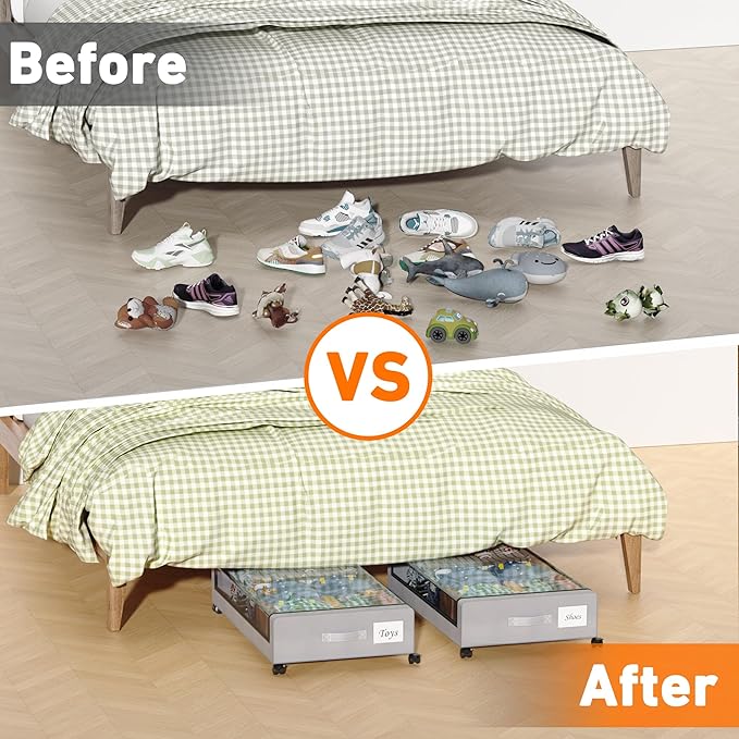 Under Bed Storage with Wheels, 2 Pack Under Bed Storage Containers with Clear Lids, XXL 65L Under Bed Storage Organizer