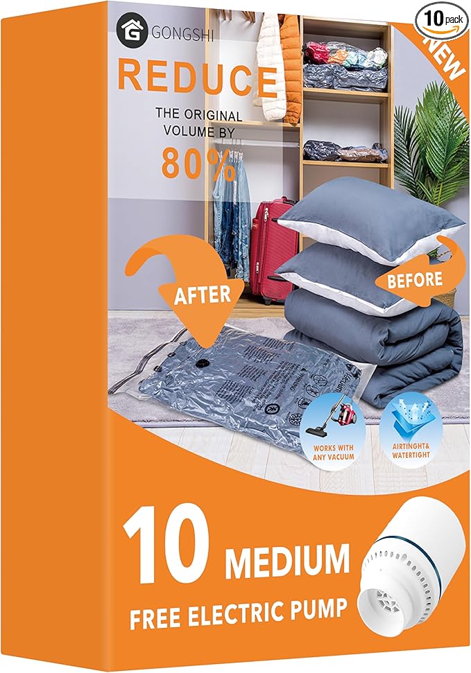 Vacuum Seal Bags for Clothing Travel & Home Storage, 10 Medium