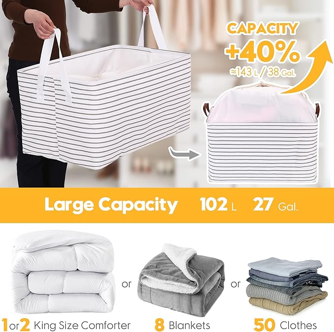 Hinwo 102L XXL Storage Bins, 4-Pack Closet Organizers and Storage, Foldable Clothes Storage Baskets with Handles, Containers for Clothing, Blanket, Comforters, Toys, Bedding (Navy Stripe)