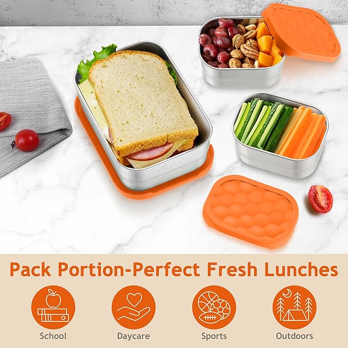 Homikit 3 Pack Kids Lunch Box Set, 18/10 Stainless Steel Bento Boxes with Silicone Lids Leak Proof