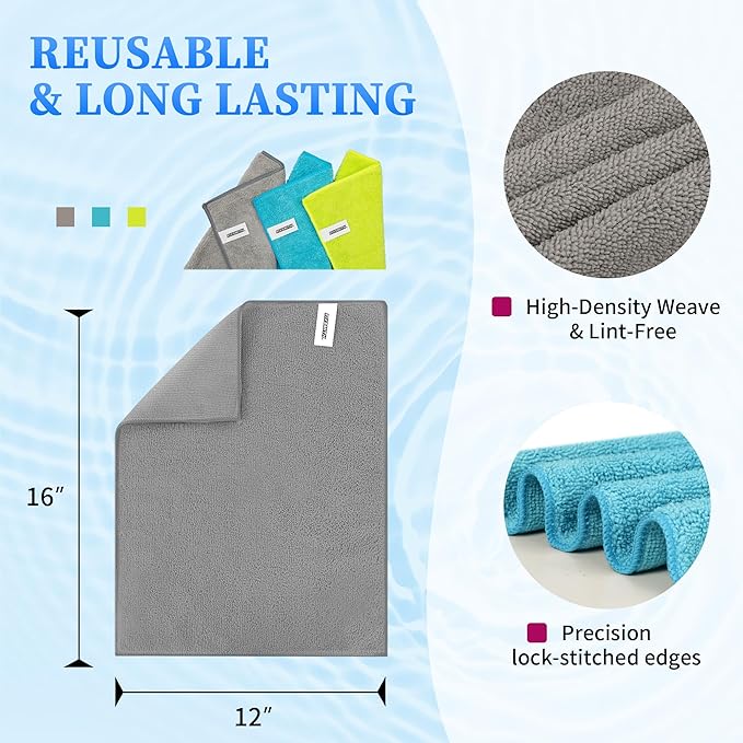 FIXSMITH Microfiber Cleaning Cloth - Pack of 12, Multi-Functional Towels, Size: 12 x 16 in, Highly Absorbent Rags, Lint-Free, Streak-Free for Car, Kitchen, Home, Office