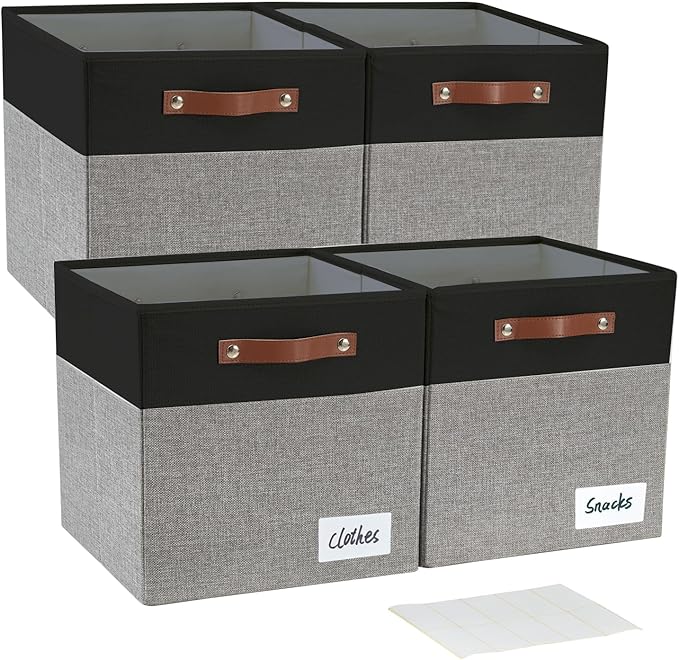 Bagnizer Collapsible Fabric Storage Cube Bins with 2 Reinforced PU Handles, Foldable Storage Organizer Baskets for Closet, Shelves, Living Room | 11"x11"x11", 4 Pack, Black & Gray